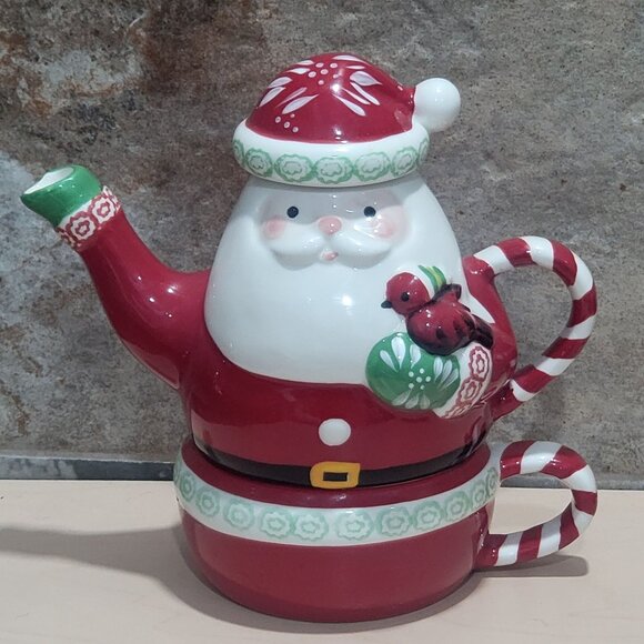 Temptations by Tara 3 Piece Ceramic Stacking Santa Teapot Mug Cup Set - Picture 1 of 12